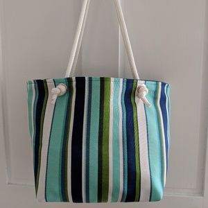 Blue Green Striped Handmade Rope Handled Bag